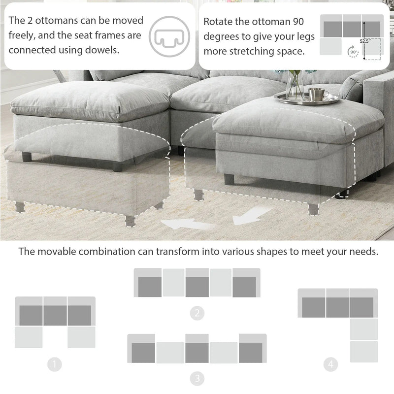 Modular Sectional With Storage Pockets, 5 Seat U Shaped Couch Set With Pillows, Free Combination Modern Cloud Sofa With 2 Movable Ottoman by HouseOfZazla