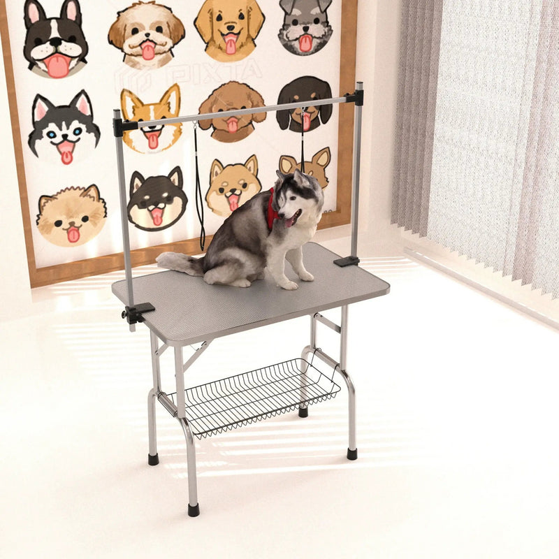 Folding Dog Pet Grooming Table Stainless Steel Frame Rubber Mat On Board With Adjustable Arm And Clamps Pet Dog Cat Grooming Table by HouseOfZazla