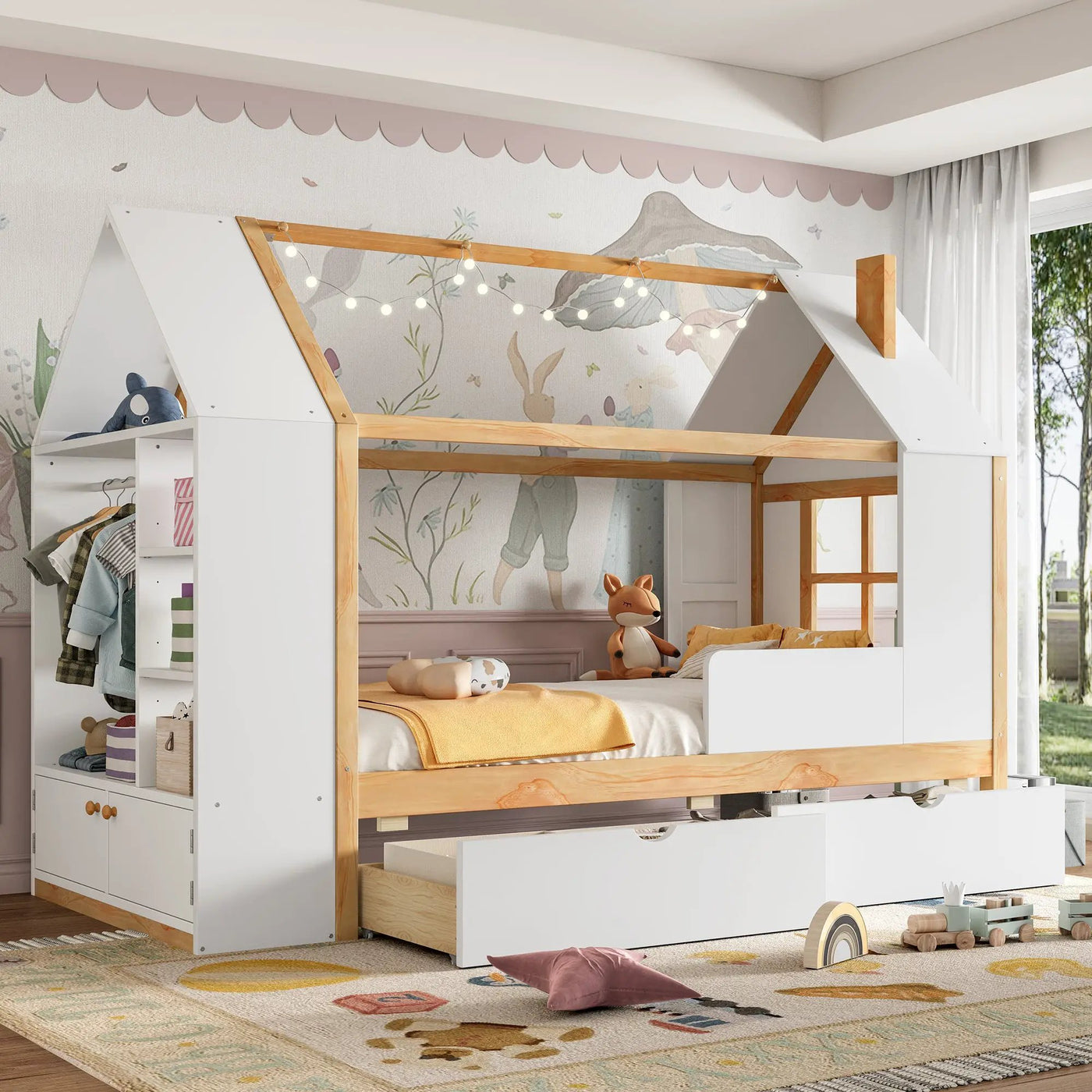 Twin Size House Platform Bed with Drawers, Solid Wood House Bed with Shelves by HouseOfZazla