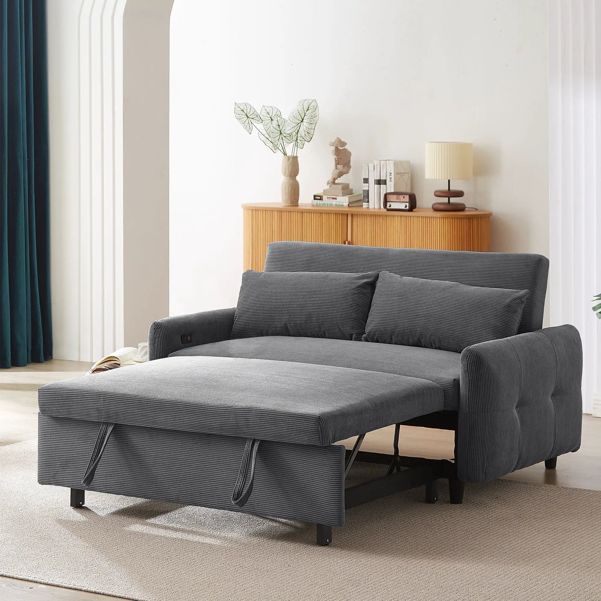 Pull-Out 2 Seat Modern Sleeper Sofa With 2 Throw Pillows And USB Ports by HouseOfZazla