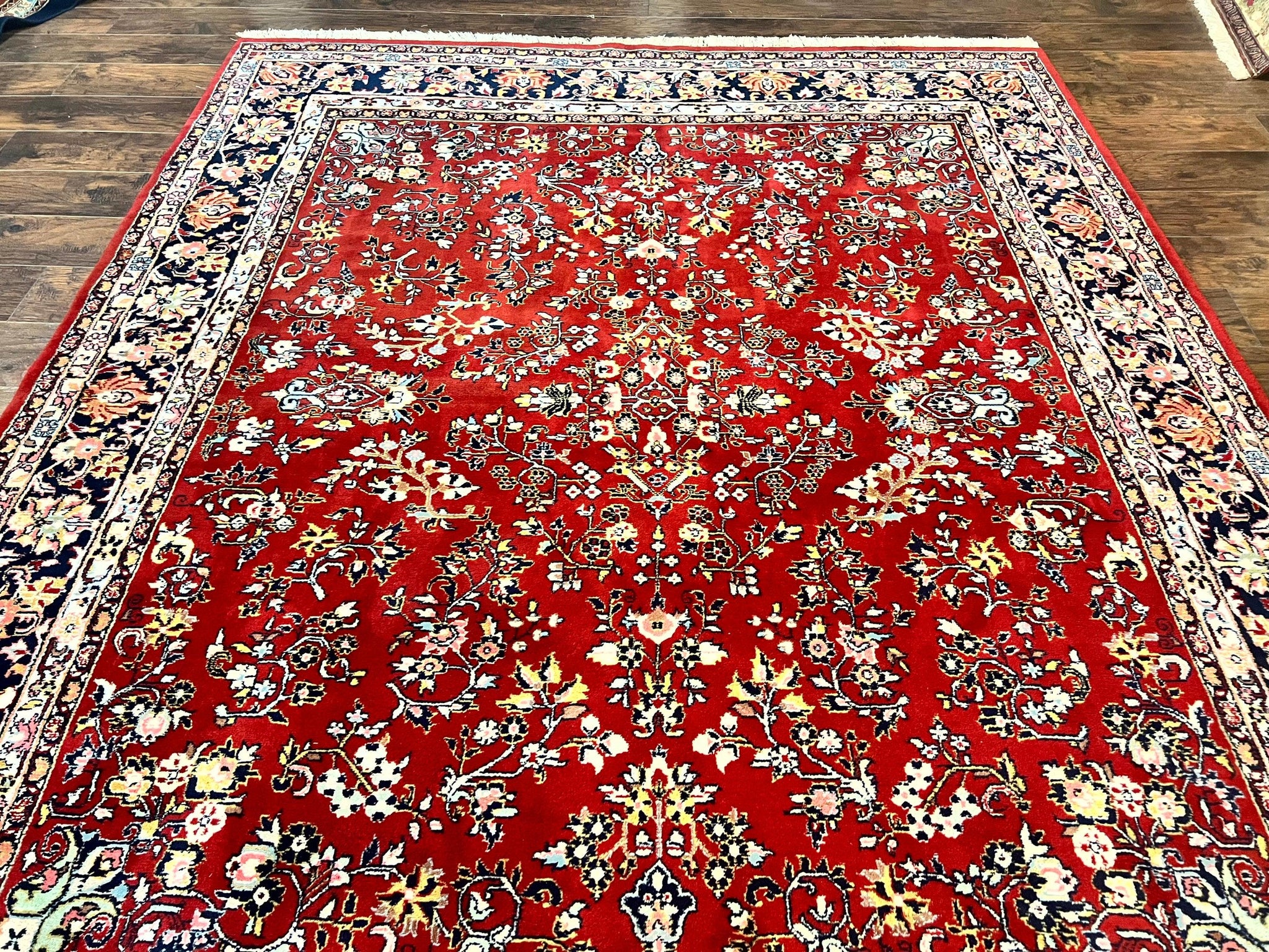 Indo Persian Sarouk Rug 8x10, Red, Floral Allover, Handmade Vintage Wool Carpet, Traditional Rug by Jewel Rugs