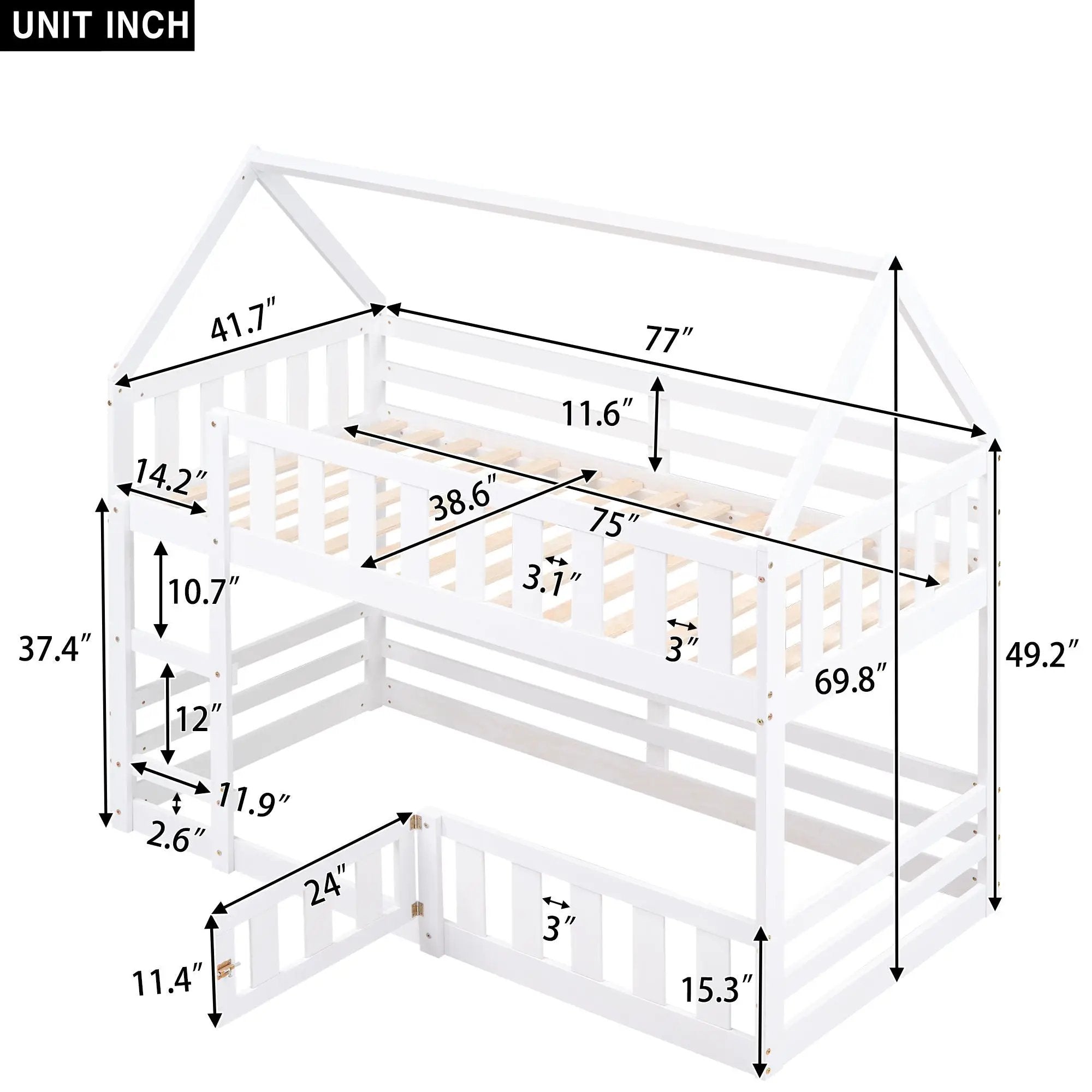 Twin Over Twin House Bunk Bed With Fence And Door by HouseOfZazla