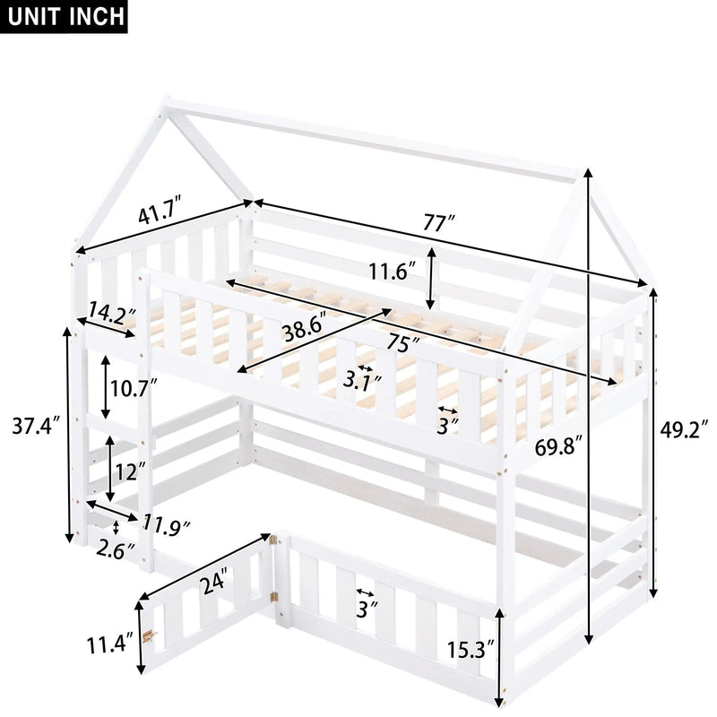 Twin Over Twin House Bunk Bed With Fence And Door by HouseOfZazla