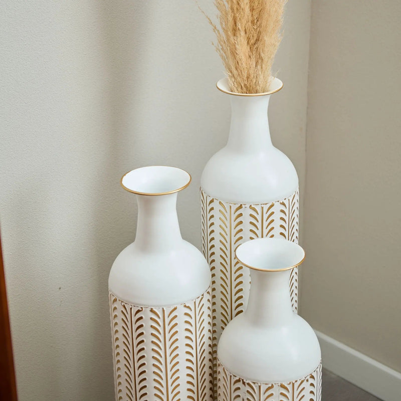 Floor Metal Vase Modern Style Decoration Home Metal Vase 3 Piece Set Gorgeous Home Decoration Large Glazed Metal Vase - Gold / White by HouseOfZazla