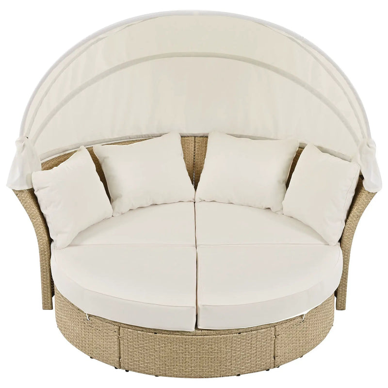 Outdoor Patio Daybed Wicker Rattan Double Daybed Round Sofa Furniture Set With Retractable Canopy, 4 Pillows For Lawn Garden by HouseOfZazla