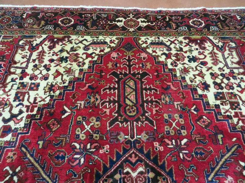 Wonderful Persian Heriz Rug 8.6 x 11, Geometric Heriz Carpet, Semi Antique Decorative Area Rug, Red Ivory Dark Blue Handmade Wool Room Sized by Jewel Rugs