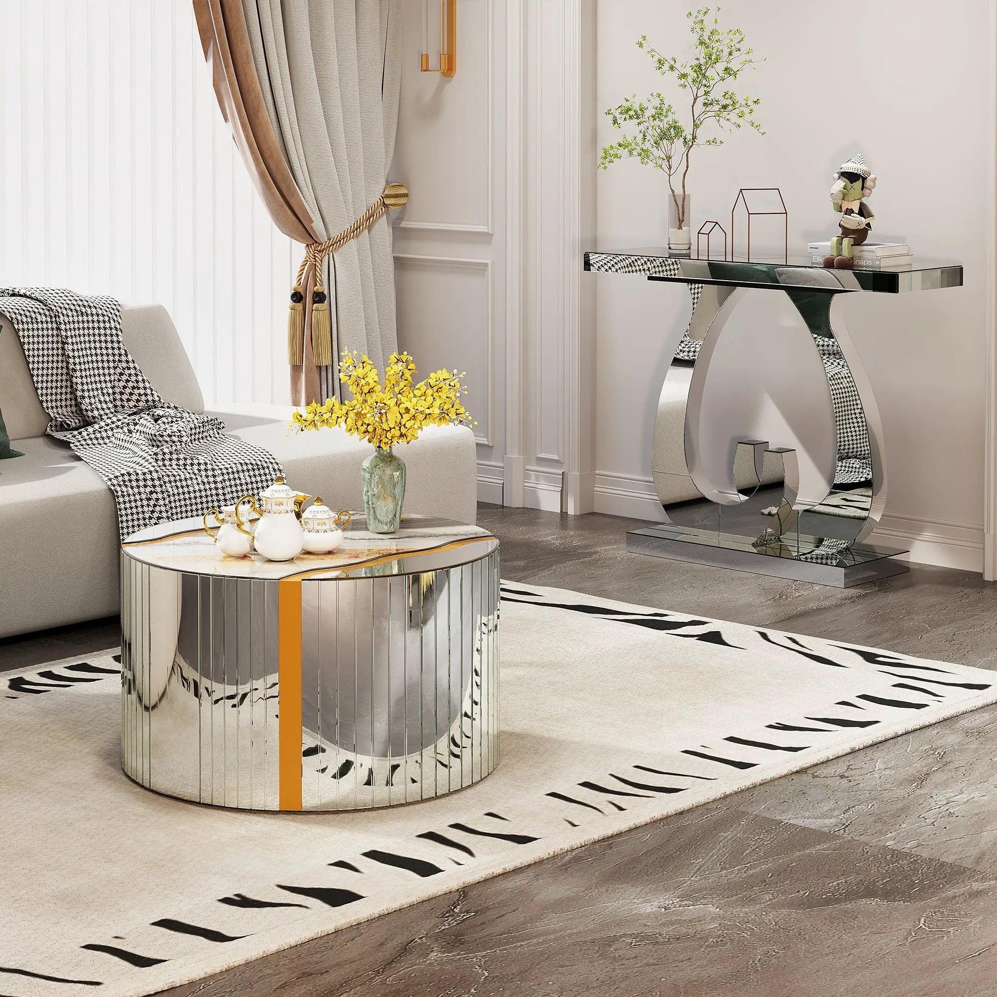 Modern Mirror Side Table with Double C-Shape Base by HouseOfZazla