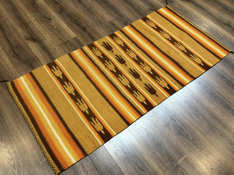 South American Rug Blanket 2.7 x 5.6, Wool, Handmade, Navajo Design, Orange Brown by Jewel Rugs