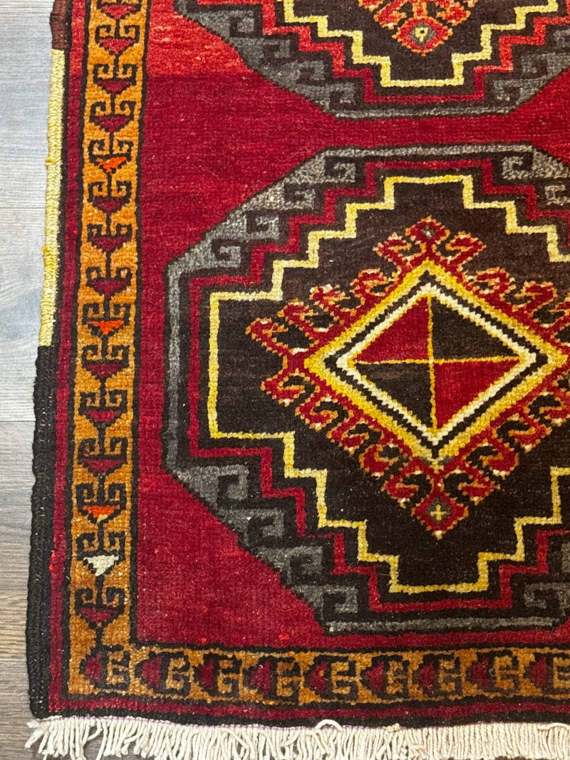 Small Antique Turkish Yastik Rug 2x3, Double Medallions, Geometric, Red, Wool by Jewel Rugs