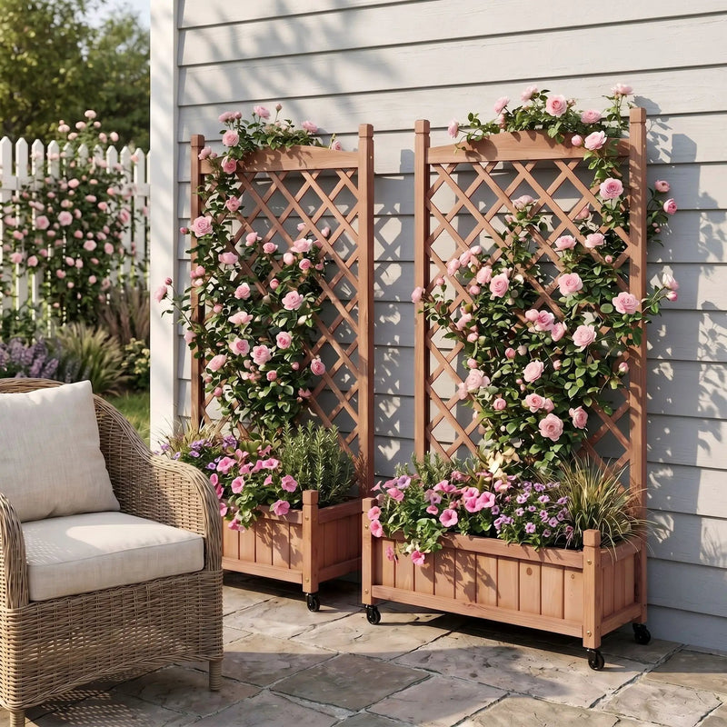 Raised Garden Bed With Trellis 2 Pack, Outdoor Planter Box & Plant Stand With Climbing Racks - Brown by HouseOfZazla