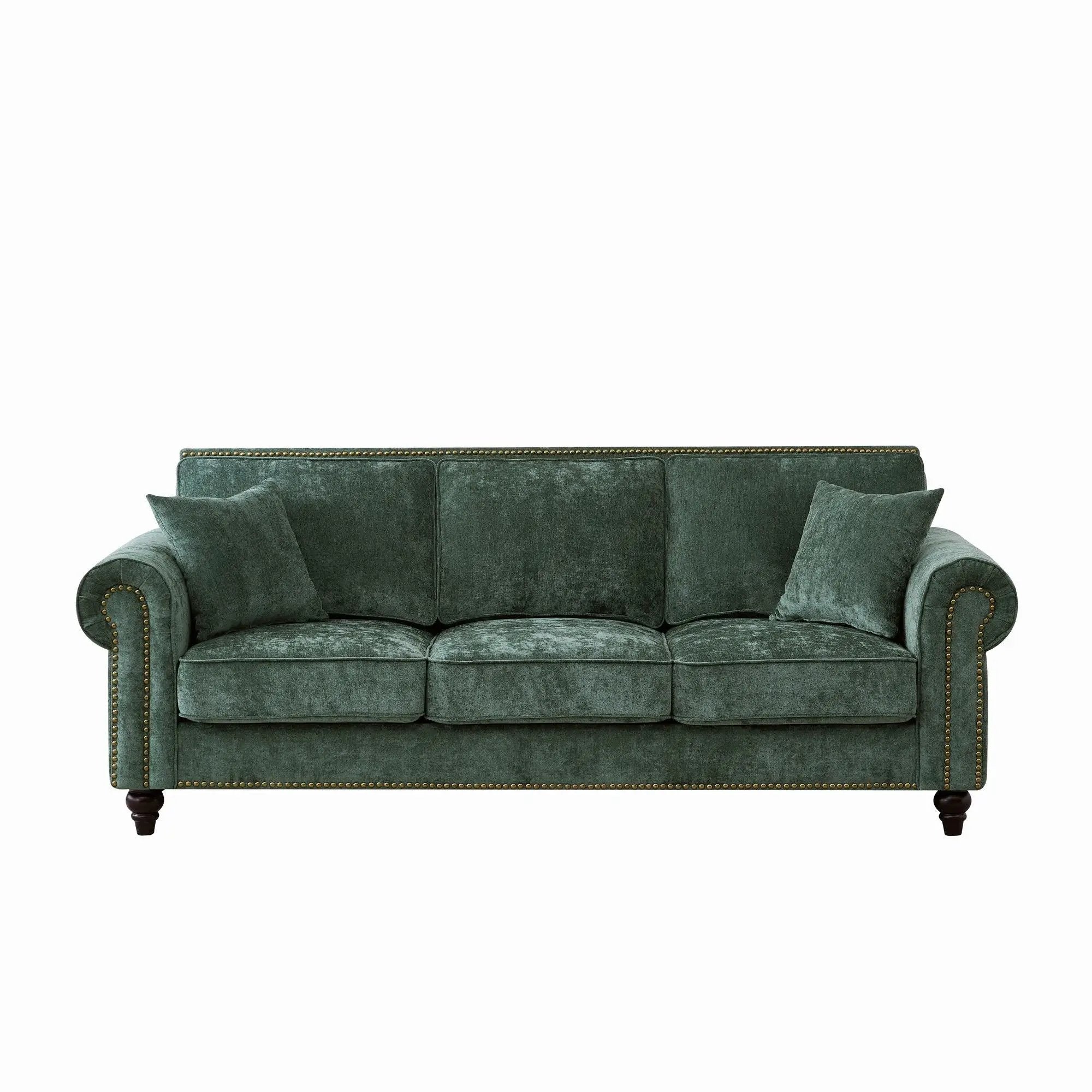 3 Seater Sofa With Tufted Upholstery, Rolled Arms, Nailhead Trim by HouseOfZazla