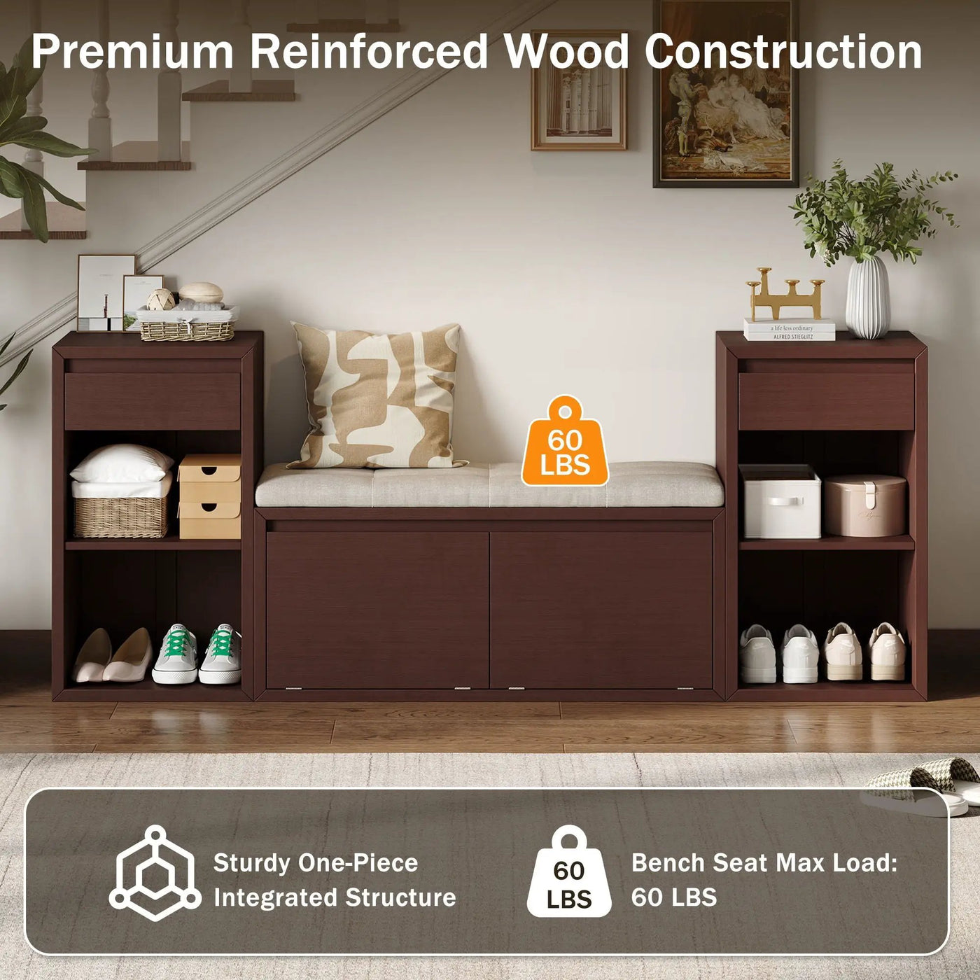 Entryway Storage Bench With Cushion, Drawers & Open Shelves by HouseOfZazla