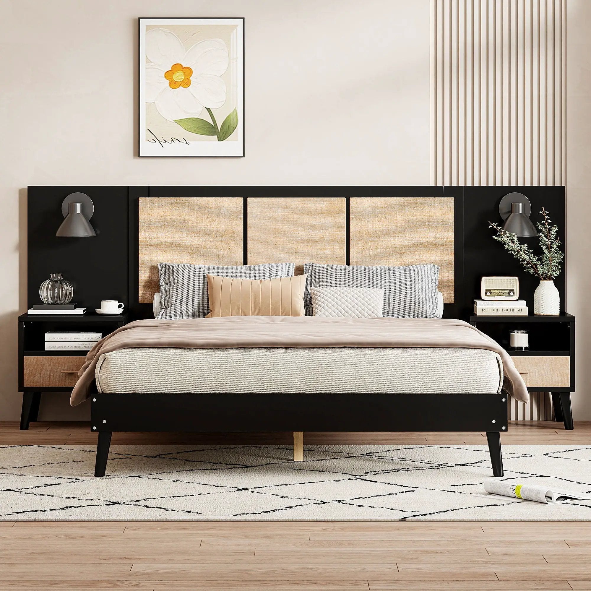 Bed Frame With 2 Nightstands Elegant Design With Lamps by HouseOfZazla