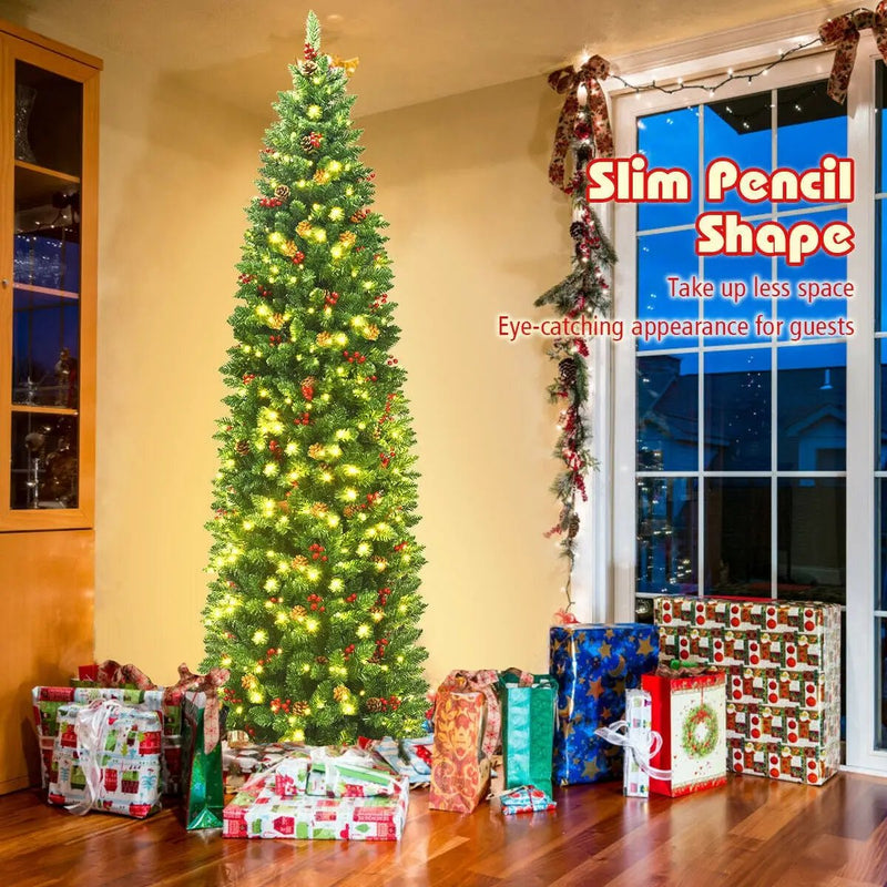7.5 Feet Pre-lit Hinged Pencil Christmas Tree with Pine Cones Red Berries by DirectDeals