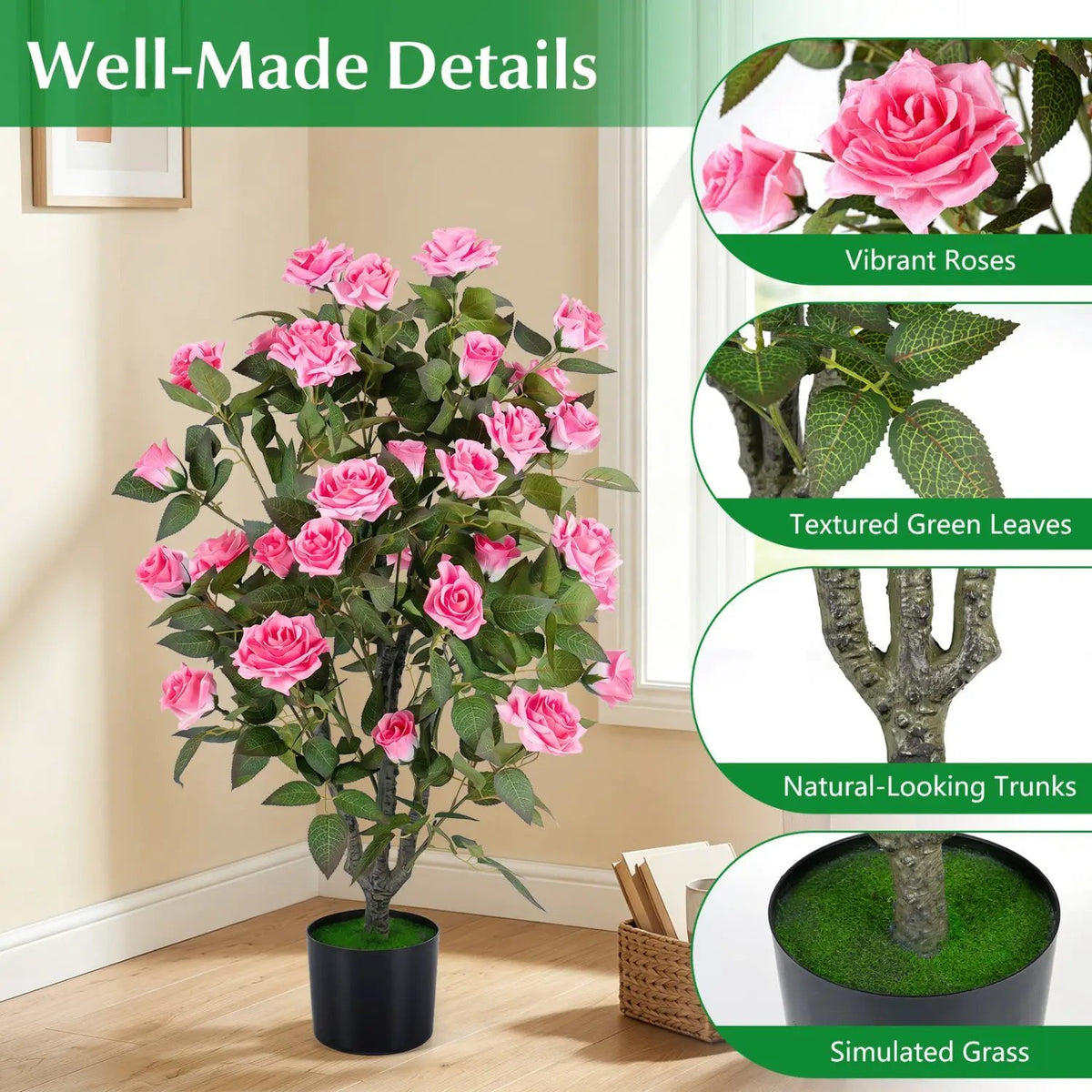 35.5" Artificial Rose Tree with Blooming Flowers in Pot, photo 16 of 16