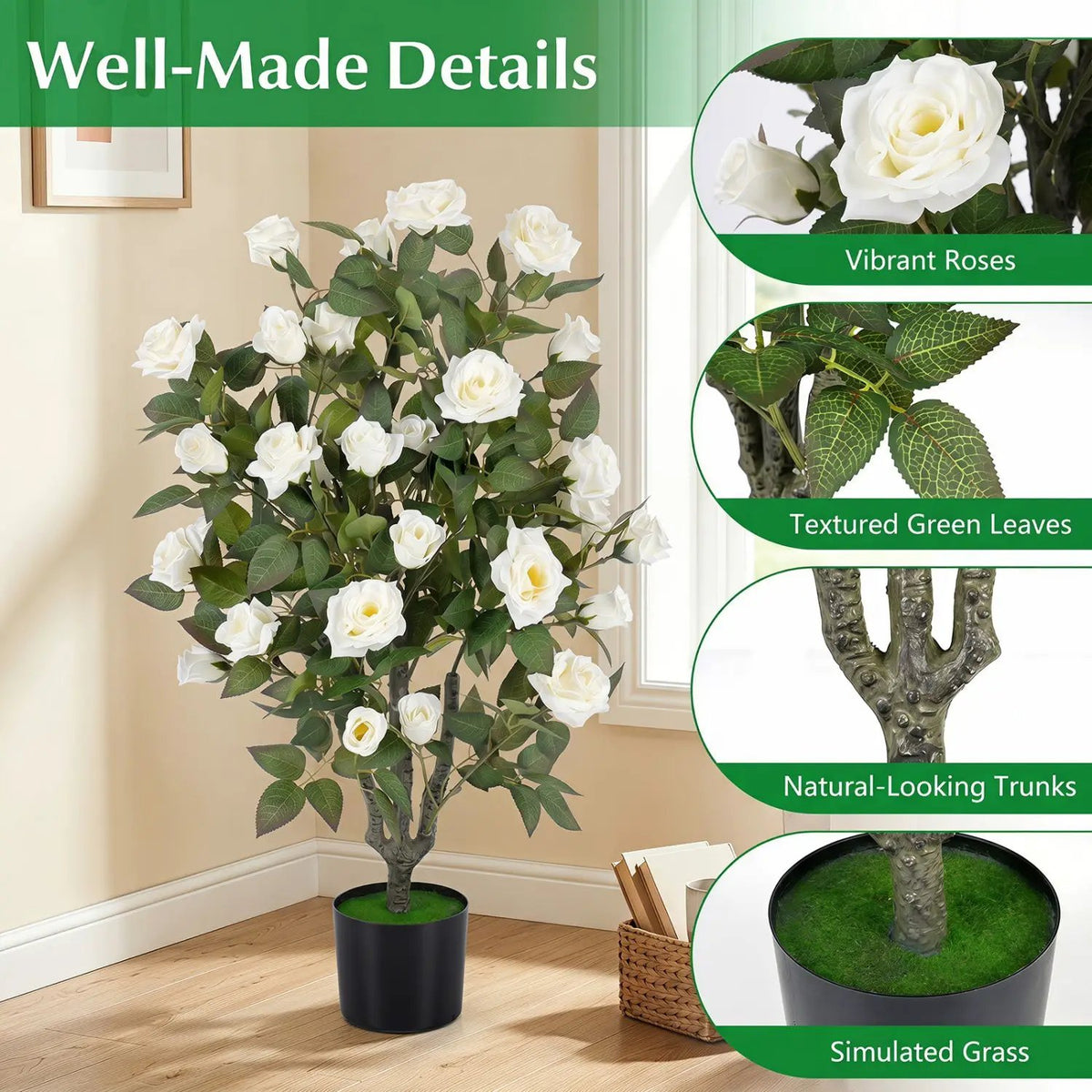 35.5" Artificial Rose Tree with Blooming Flowers in Pot, photo 5 of 16