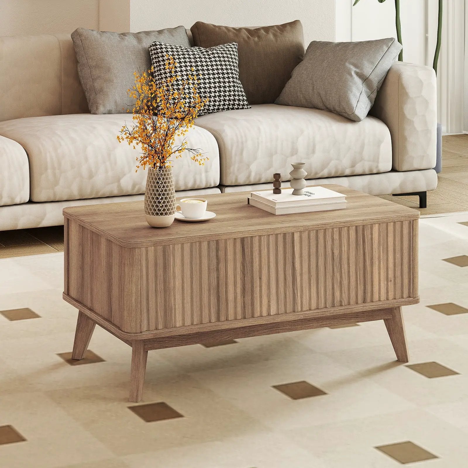 35.5" Rectangle Wooden Fluted Lift Top Coffee Table-Walnut by DirectDeals