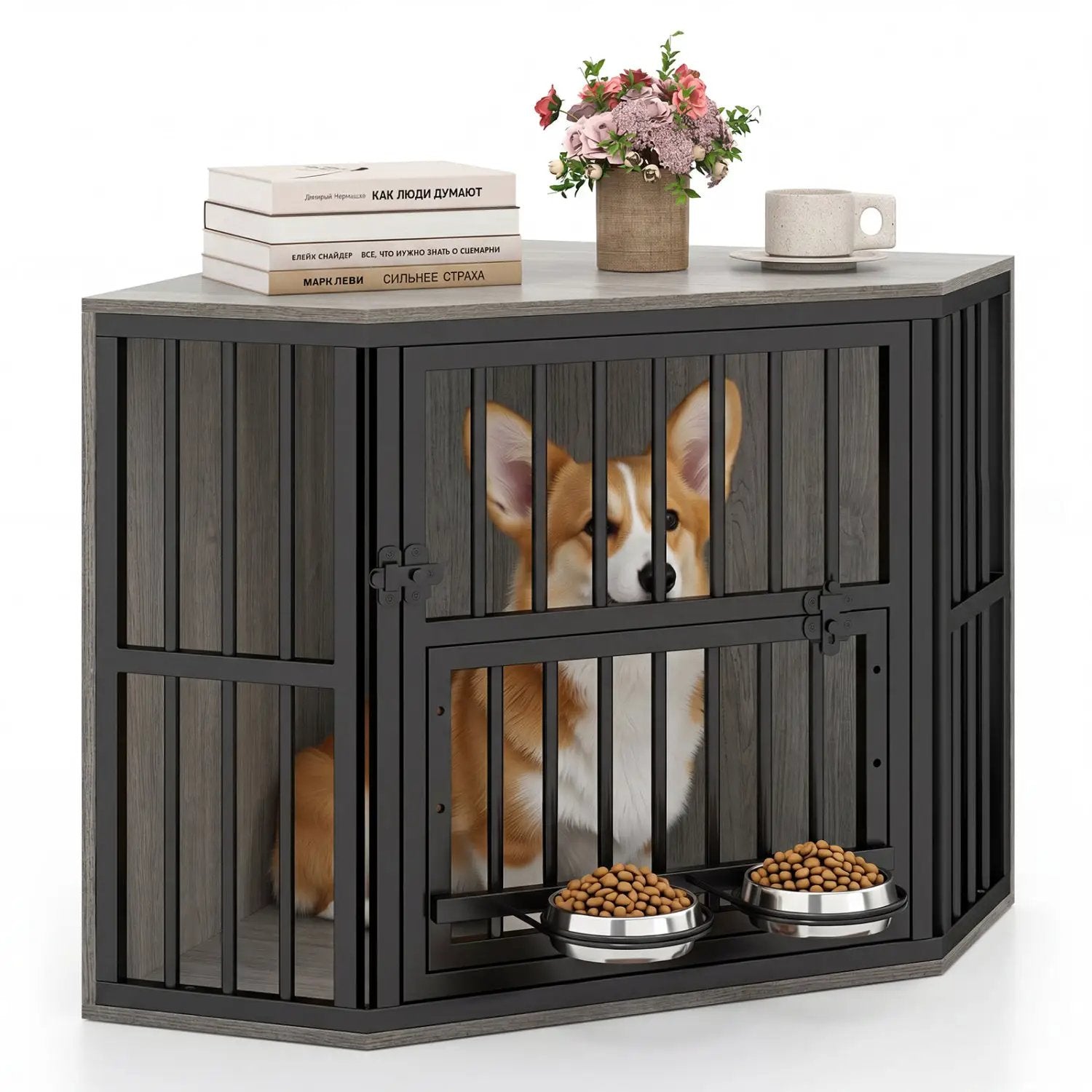 Wooden Dog Crate End Table with Adjustable Bowl Rack 35.5" by DirectDeals