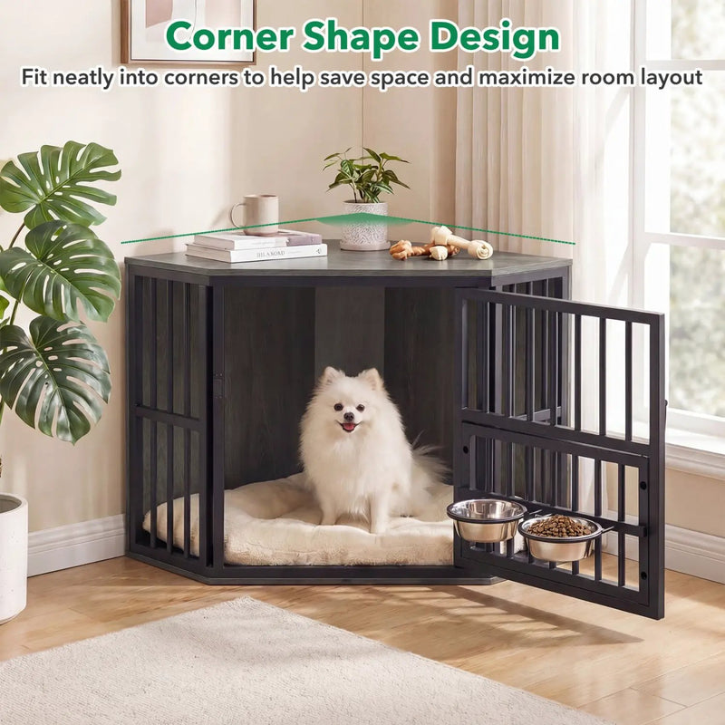 Wooden Dog Crate End Table with Adjustable Bowl Rack 35.5" by DirectDeals