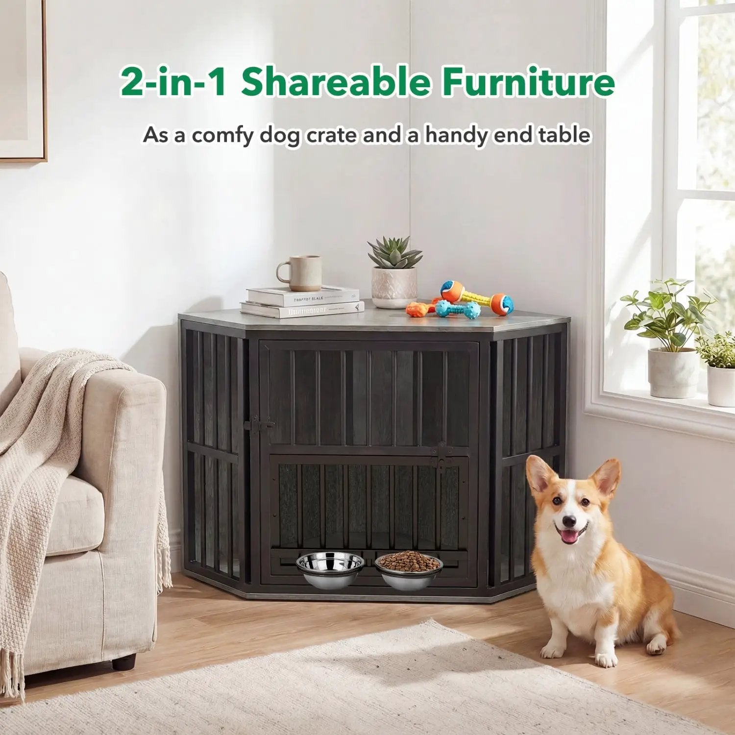 Wooden Dog Crate End Table with Adjustable Bowl Rack 35.5" by DirectDeals
