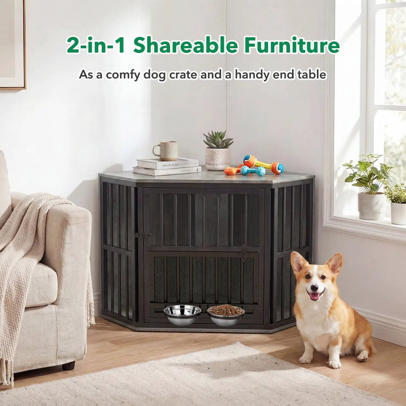 Wooden Dog Crate End Table with Adjustable Bowl Rack 35.5" by DirectDeals