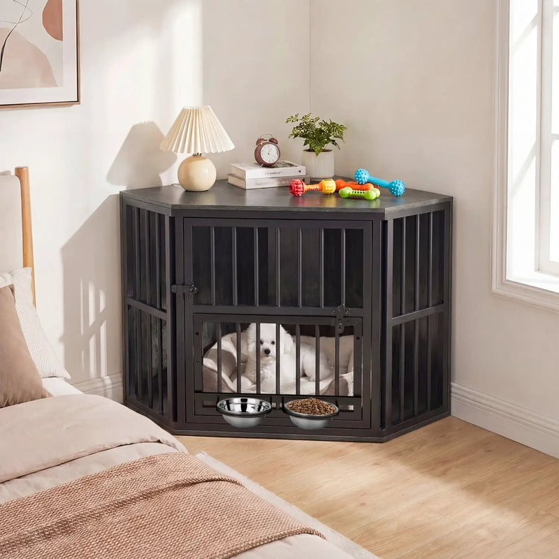 Wooden Dog Crate End Table with Adjustable Bowl Rack 35.5" by DirectDeals