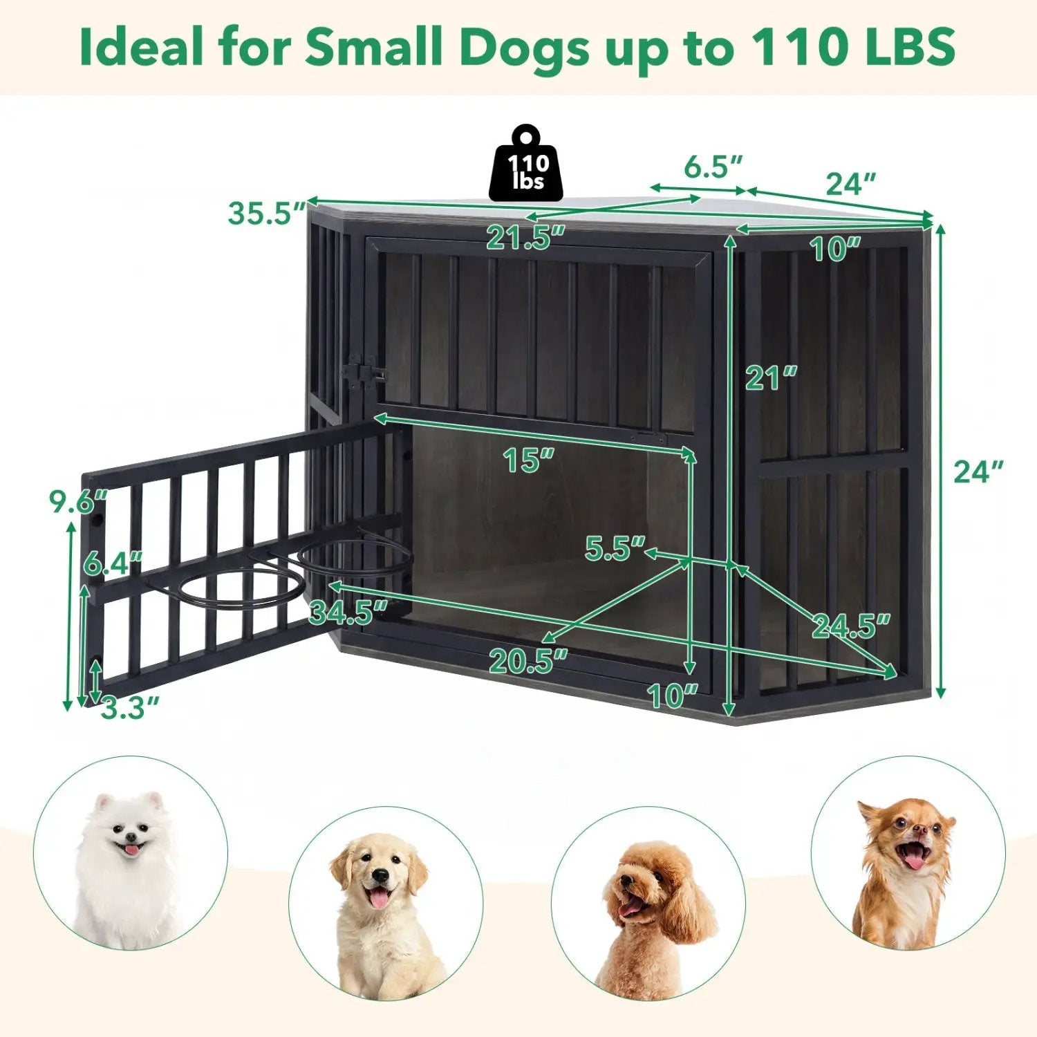 Wooden Dog Crate End Table with Adjustable Bowl Rack 35.5" by DirectDeals