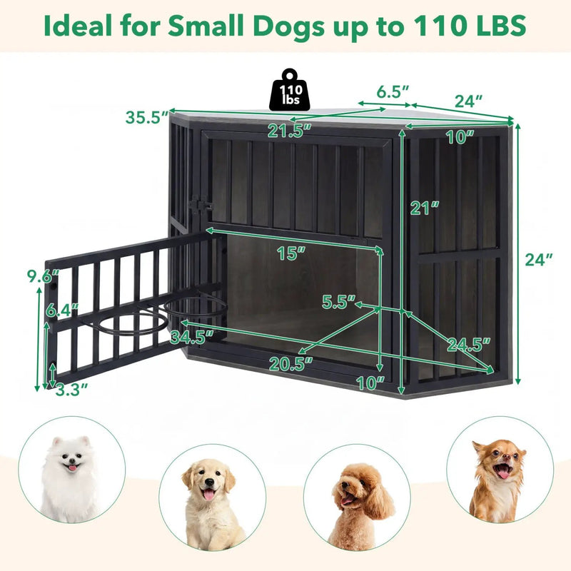 Wooden Dog Crate End Table with Adjustable Bowl Rack 35.5" by DirectDeals
