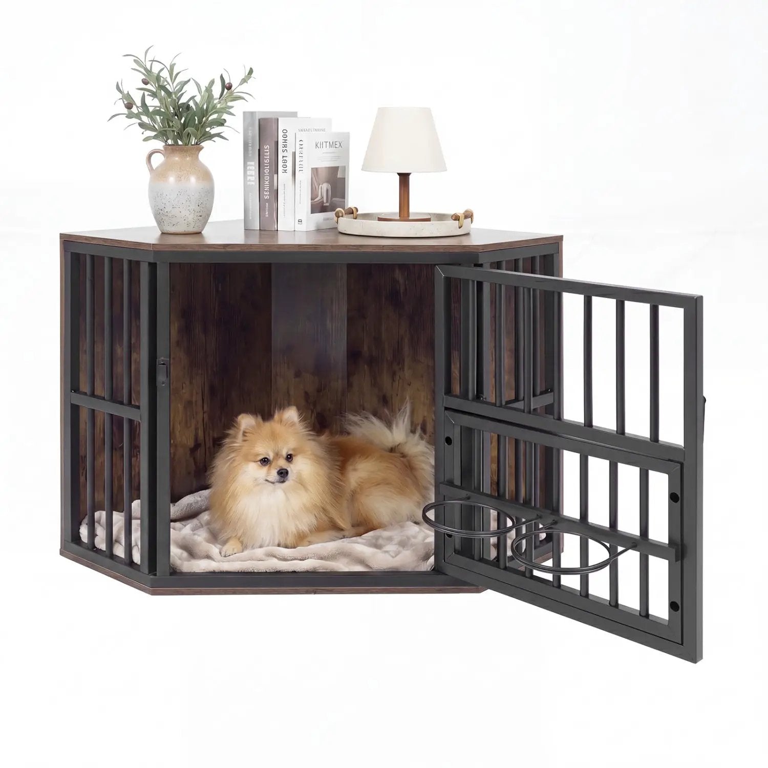 Wooden Dog Crate End Table with Adjustable Bowl Rack 35.5" by DirectDeals