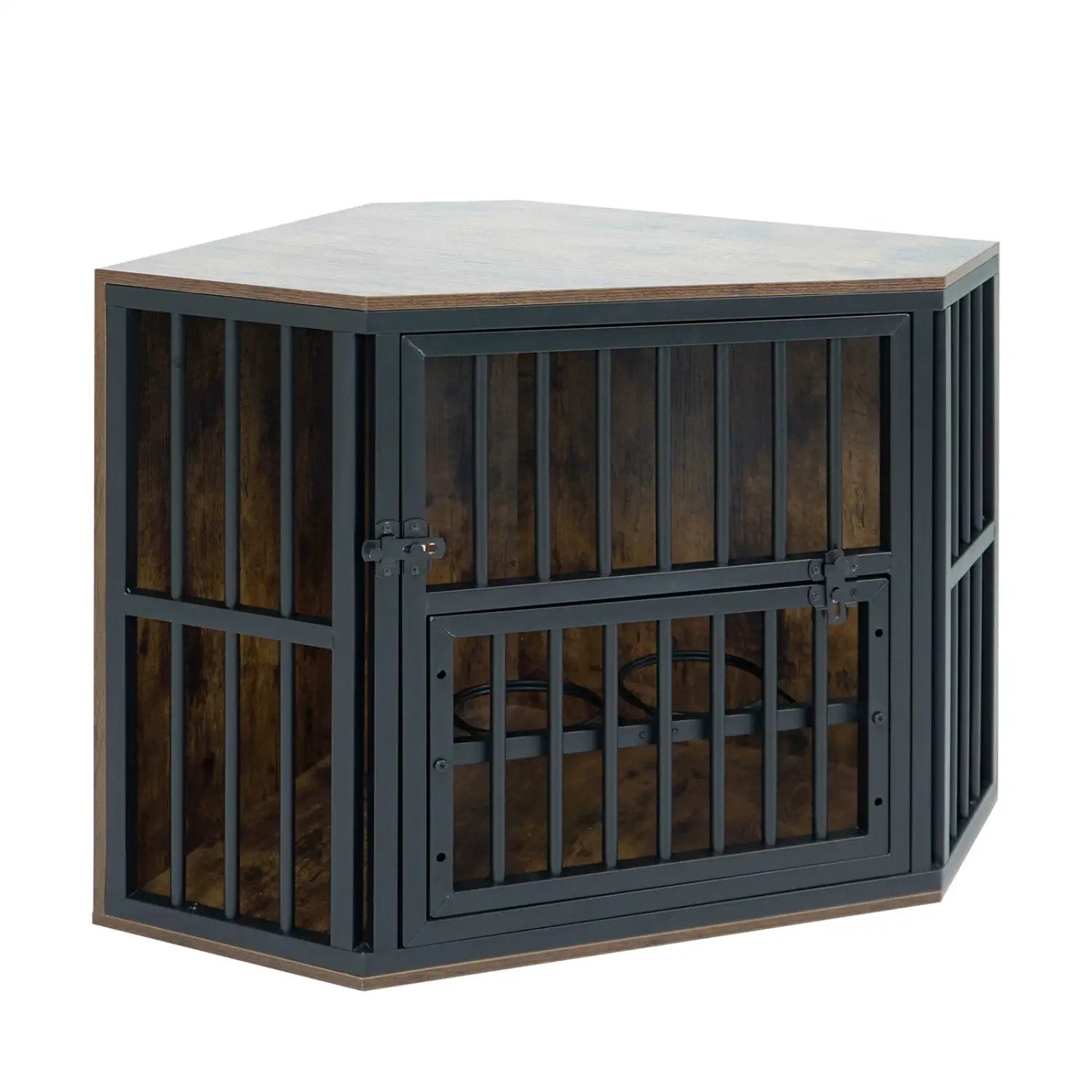 Wooden Dog Crate End Table with Adjustable Bowl Rack 35.5" by DirectDeals