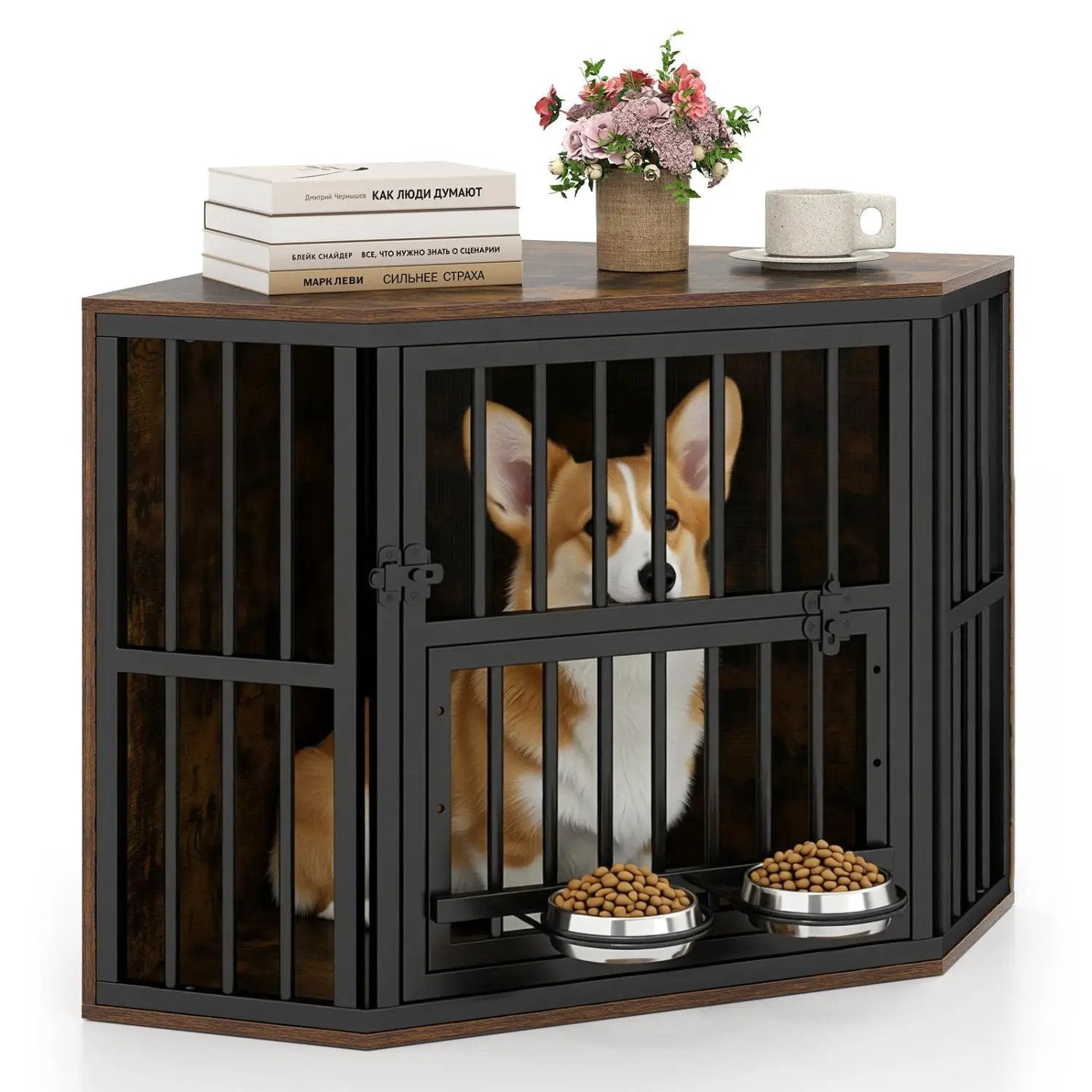 Wooden Dog Crate End Table with Adjustable Bowl Rack 35.5" by DirectDeals