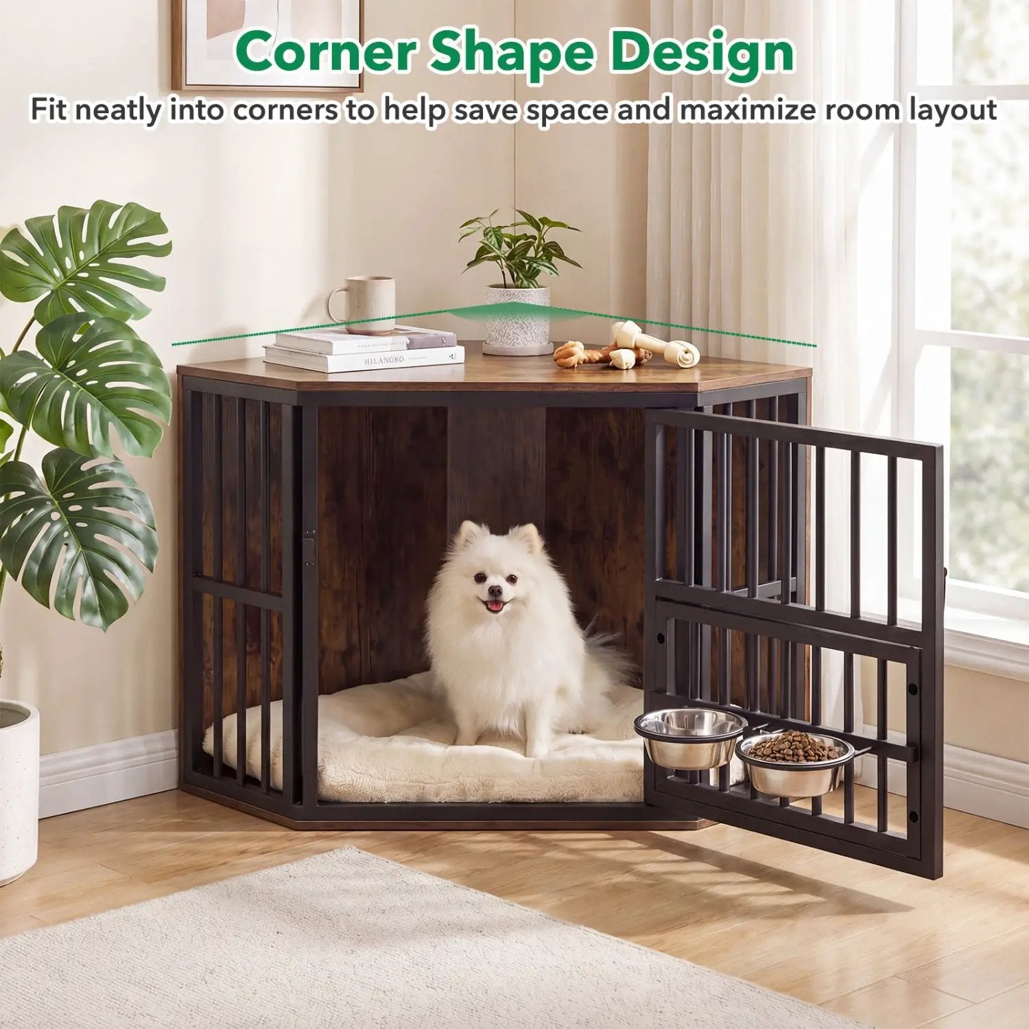 Wooden Dog Crate End Table with Adjustable Bowl Rack 35.5" by DirectDeals
