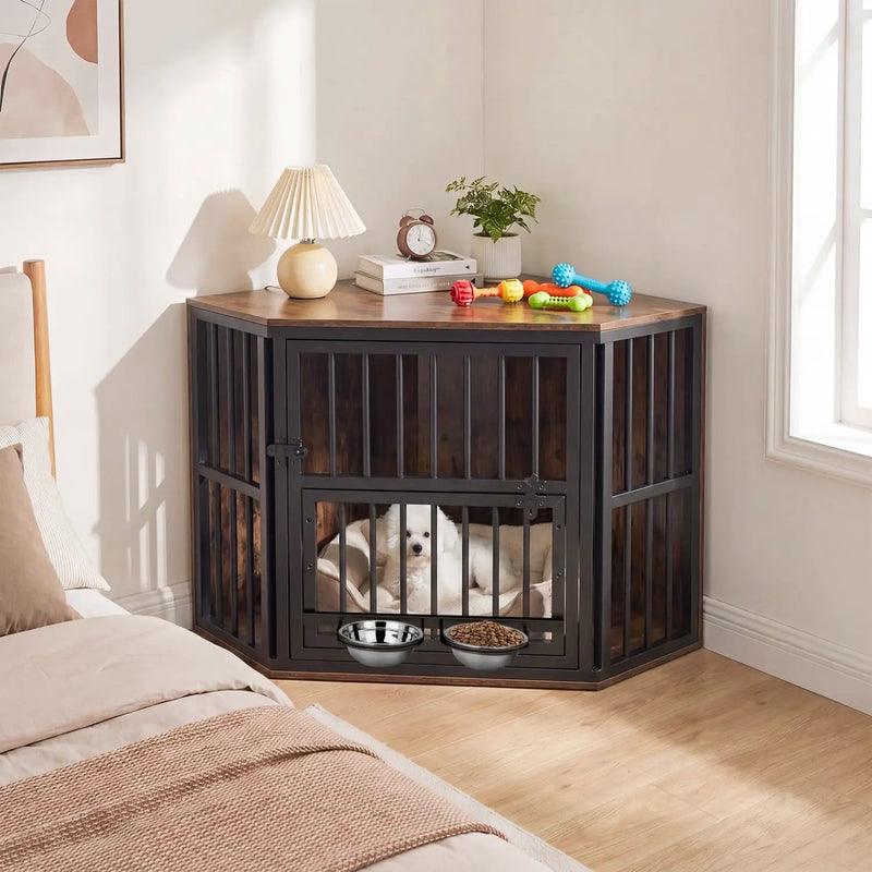 Wooden Dog Crate End Table with Adjustable Bowl Rack 35.5" by DirectDeals