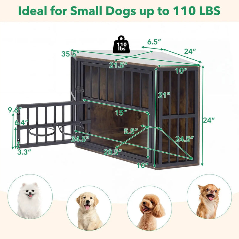 Wooden Dog Crate End Table with Adjustable Bowl Rack 35.5" by DirectDeals