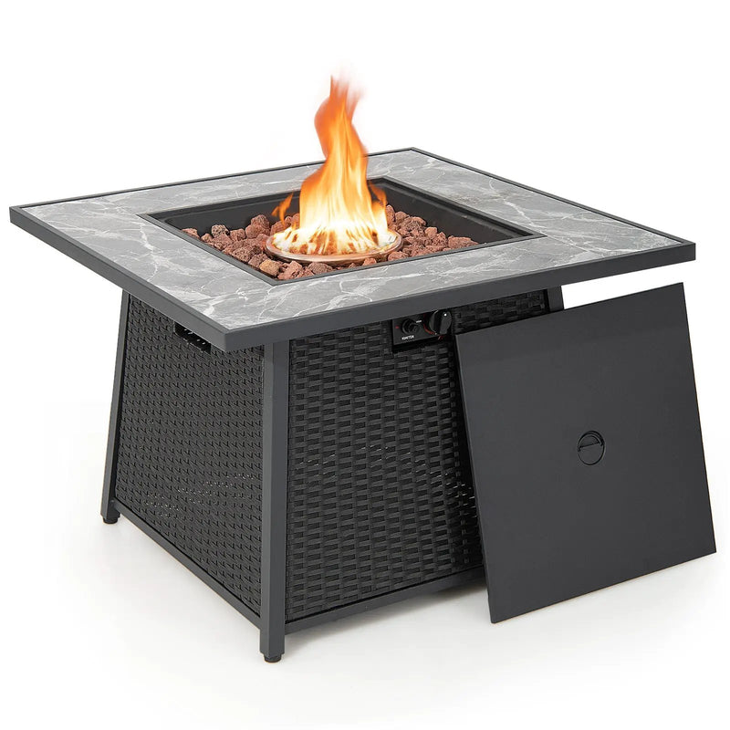 35 Inch Propane Gas Fire Pit Table Wicker Rattan with Lava Rocks PVC Cover-Black by DirectDeals