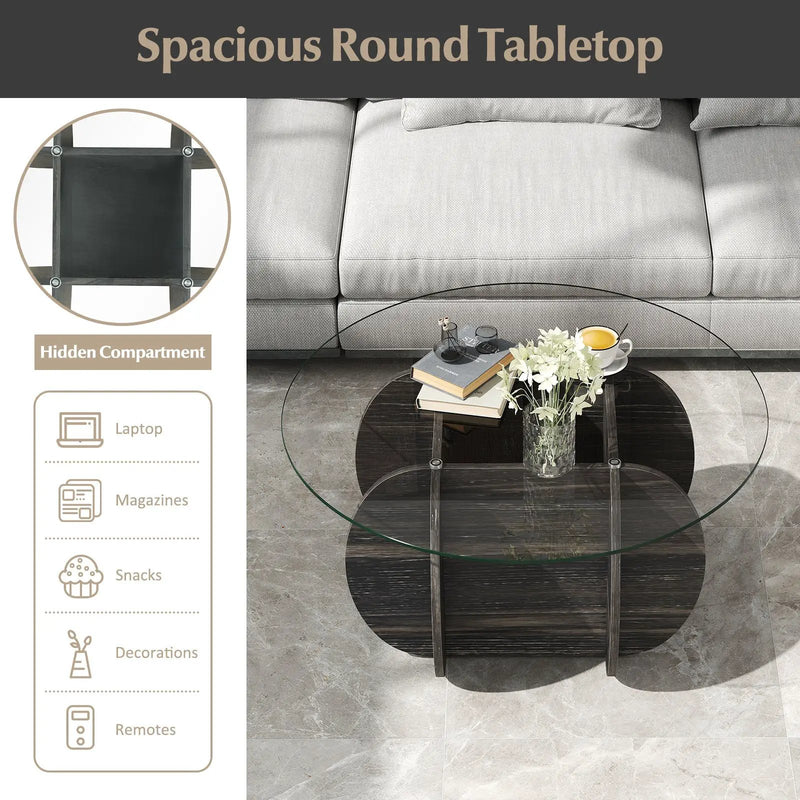 35" Round Coffee Table Unique Circle Center Table with Tempered Glass Top and Solid Wood Base-Black by DirectDeals
