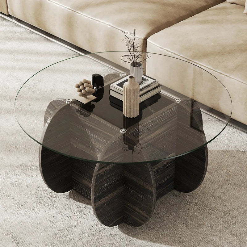 35" Round Coffee Table Unique Circle Center Table with Tempered Glass Top and Solid Wood Base-Black by DirectDeals