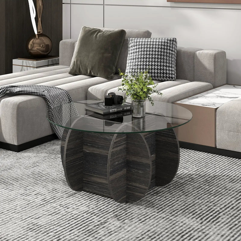 35" Round Coffee Table Unique Circle Center Table with Tempered Glass Top and Solid Wood Base-Black by DirectDeals