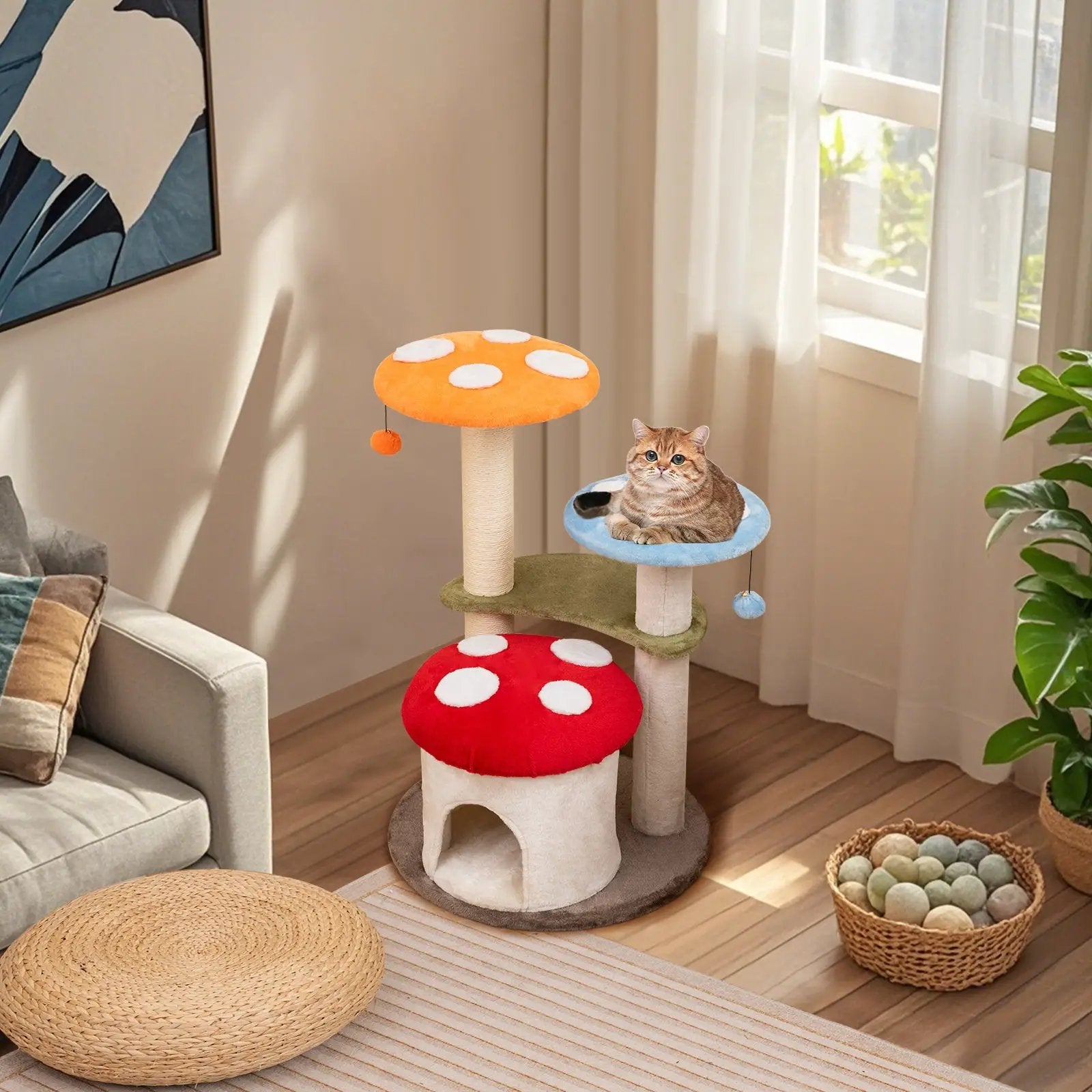 35 Inch Tall Cat Tower with Sisal Scratching Posts Cat Condo and Padded Platforms-Multicolor by DirectDeals