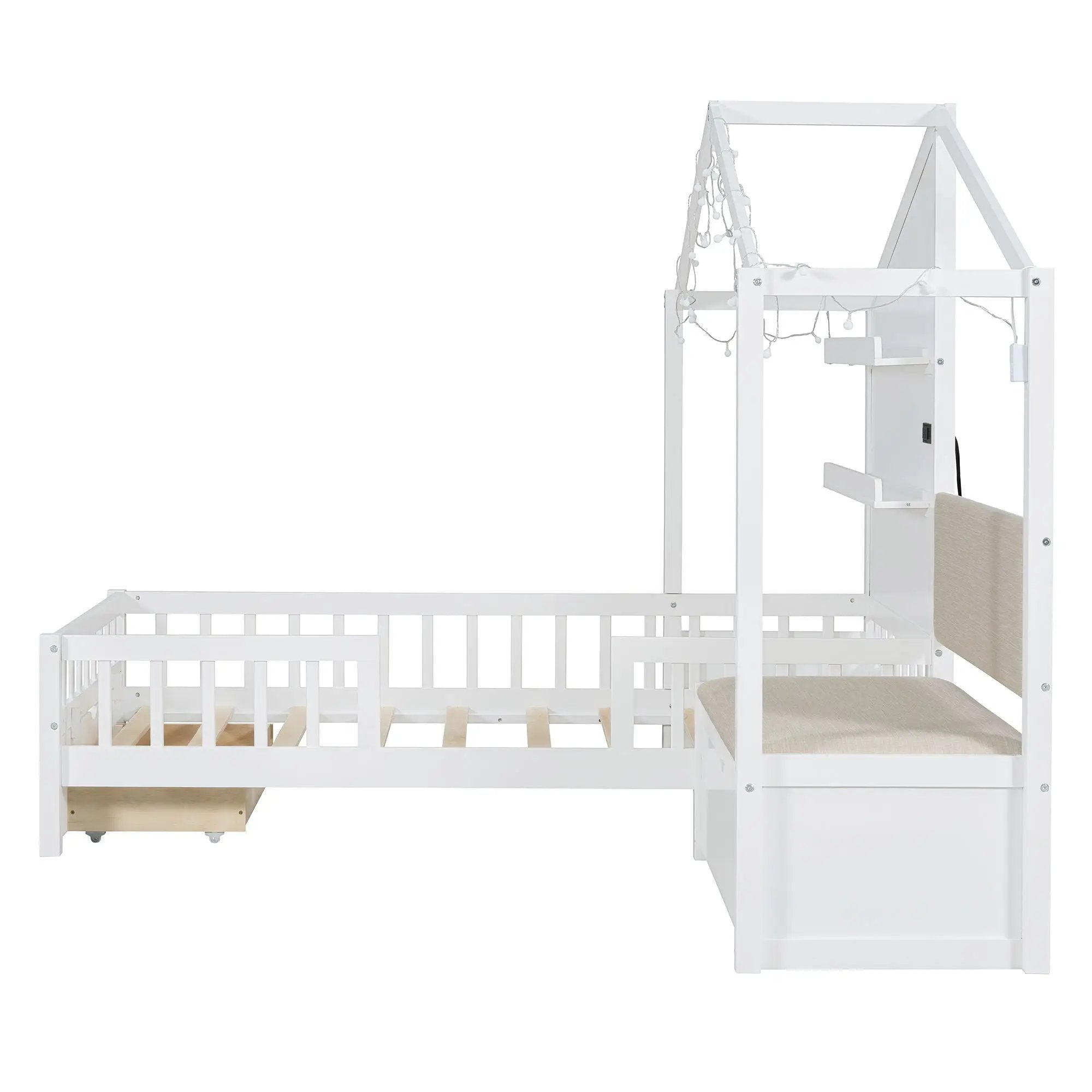House Bed With Upholstered Sofa, Wireless Charging Station, Shelves And 2 Drawers
