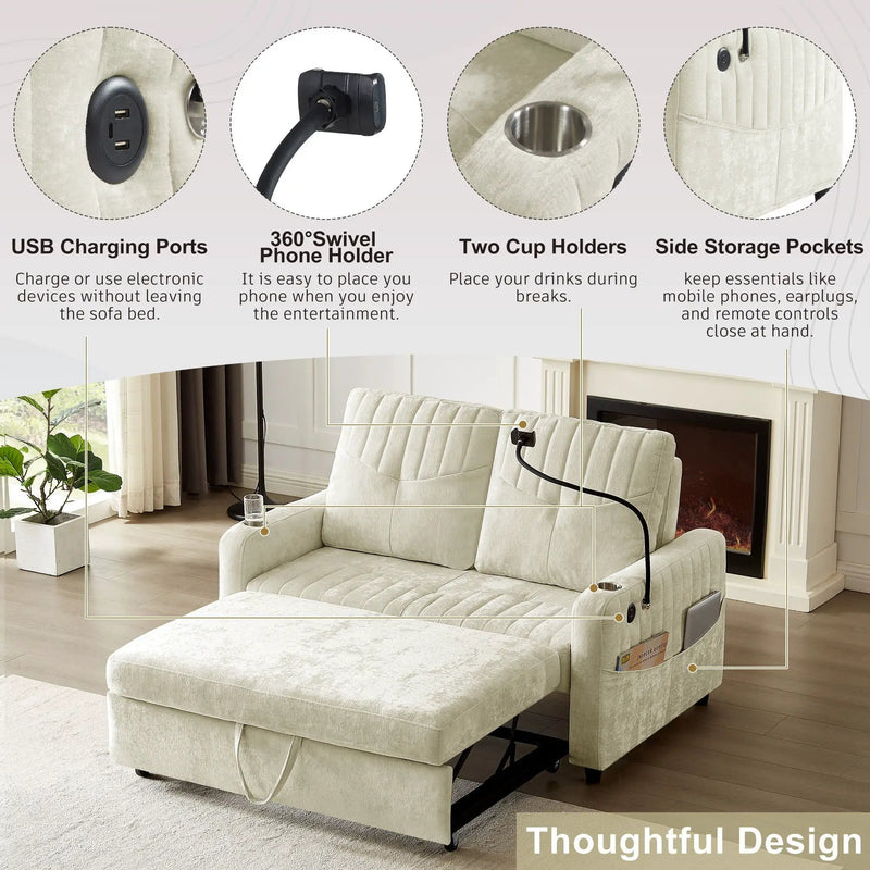 Modern Loveseat Pull Out Sofa Bed With Adjustable Backrest, Two Cup Holders, A Phone Holder, Three Charging Ports And Side Storage Pockets For Living Room by HouseOfZazla