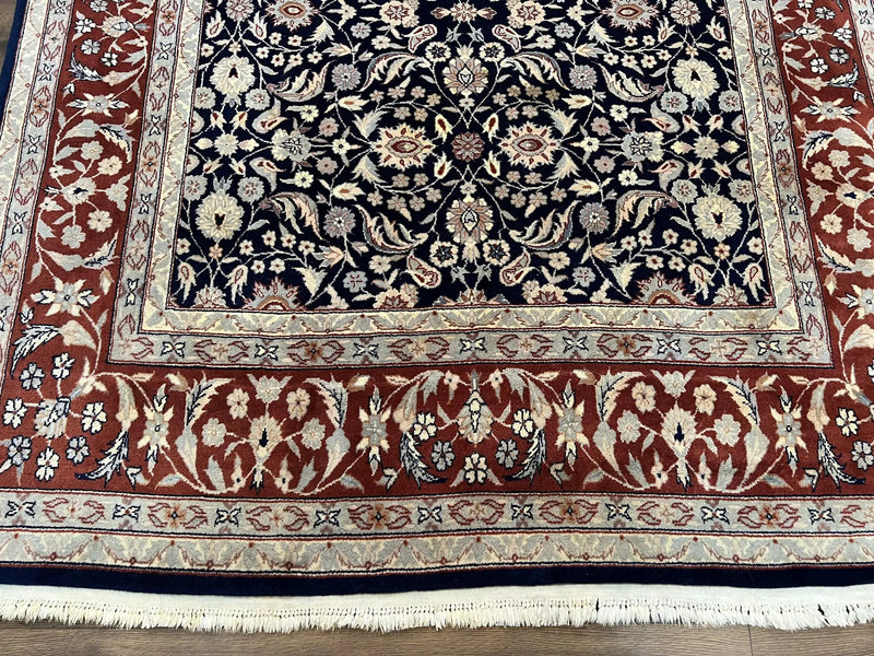 Indo Sarouk Rug 6x9, Vintage Indian Persian Rug, Wool Oriental Carpet, Navy Blue Red Allover Floral Rug, Traditional Very Fine Rug, Area Rug by Jewel Rugs