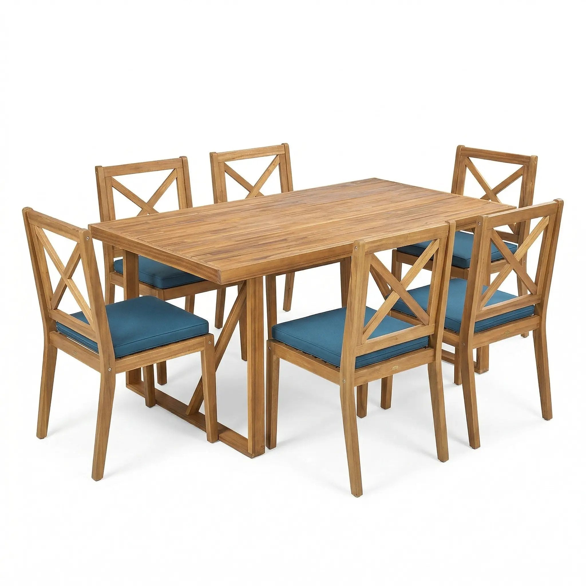 7 Pieces Acacia Wood Outdoor Dining Set with Blue Cushions by HouseOfZazla