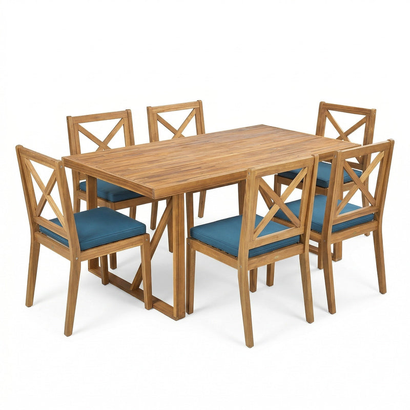 7 Pieces Acacia Wood Outdoor Dining Set with Blue Cushions by HouseOfZazla