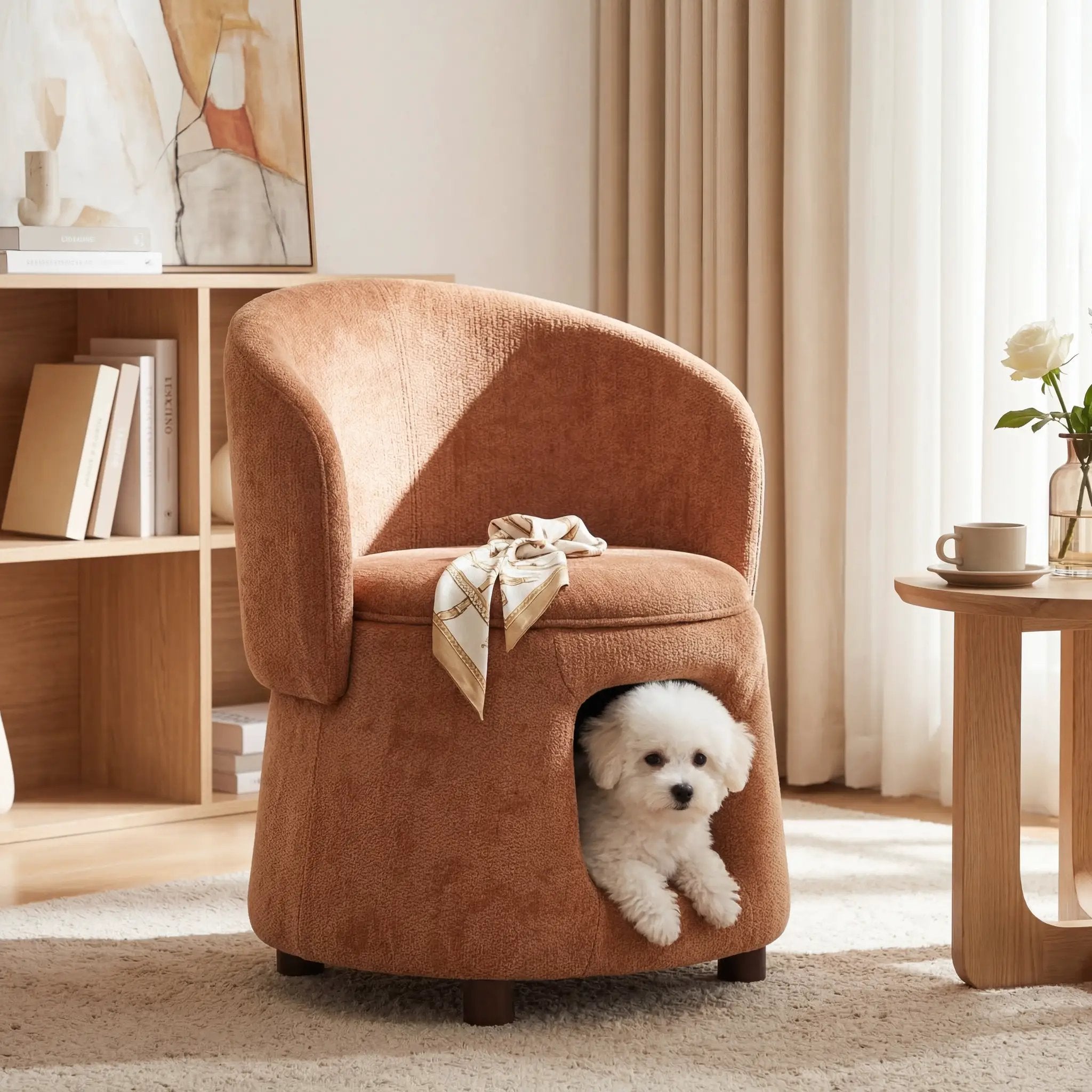 Orange Pet Friendly Chair with Hidden Pet Nook, Convertible Stool, and Storage Seat by HouseOfZazla
