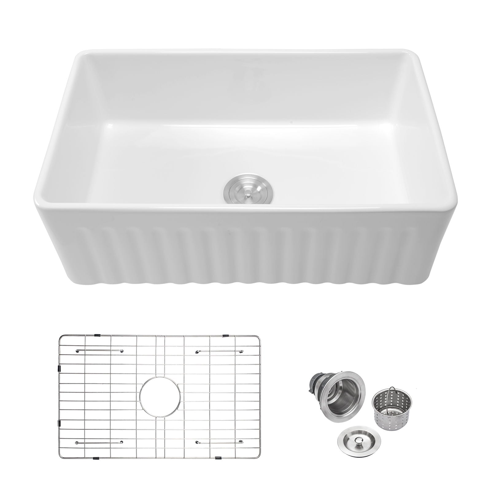 Ceramic Farmhouse Sink With Deep Basin And Stainless Steel Grid by HouseOfZazla