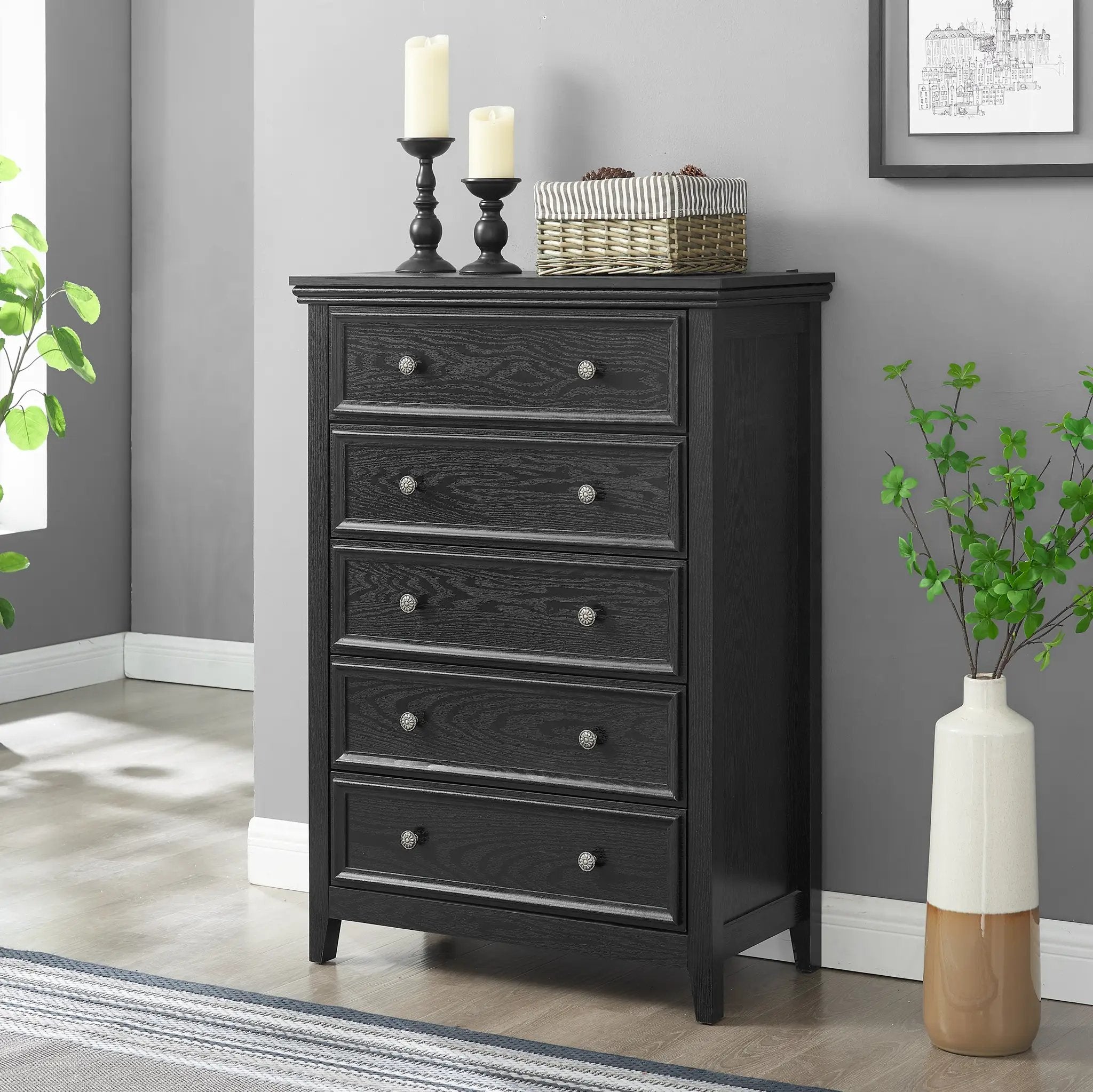 Modern 5-Drawer Black Dresser for Living Room Storage by HouseOfZazla