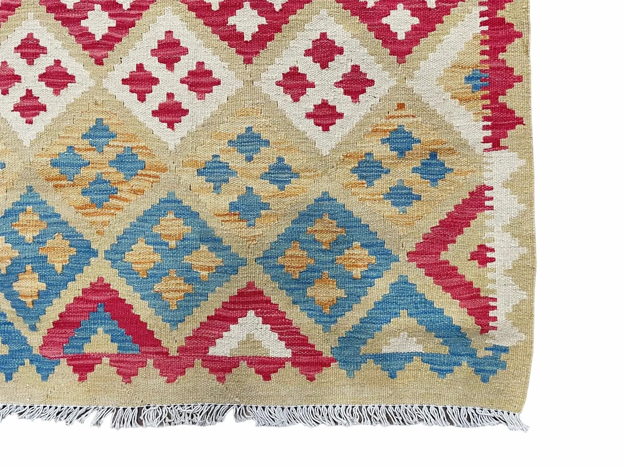 3x5 Kilim Rug Multicolor Tribal Kilim Rug 3 x 5 Tan Light Blue Red Beige New Turkish Anatolian Wool Kilim Flatweave Rug by Jewel Rugs