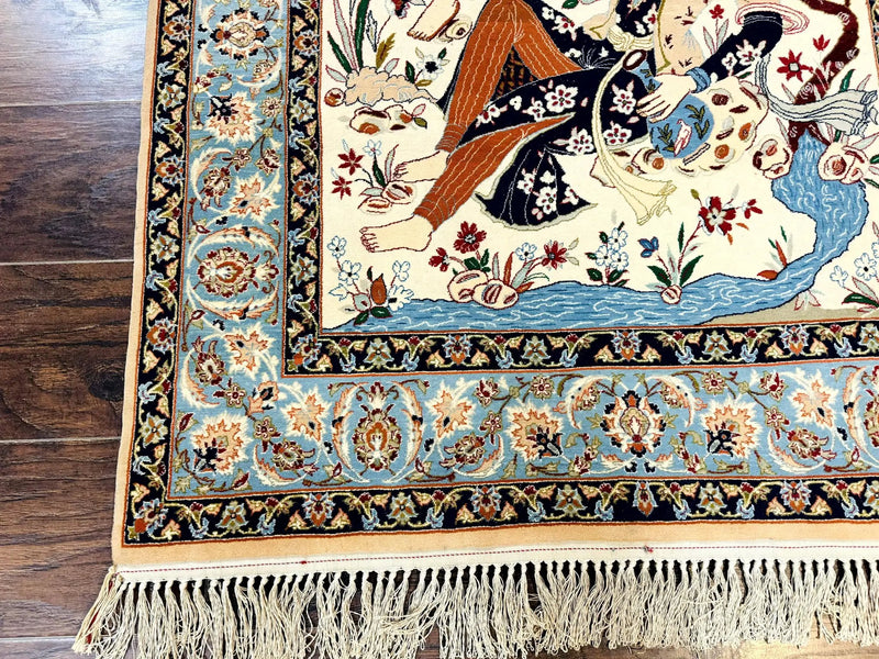 Persian Isfahan Pictorial Rug, Two Lovers, Kork Wool on Silk Foundation, Ivory and Light Blue, 500 KPSI Super Fine by Jewel Rugs