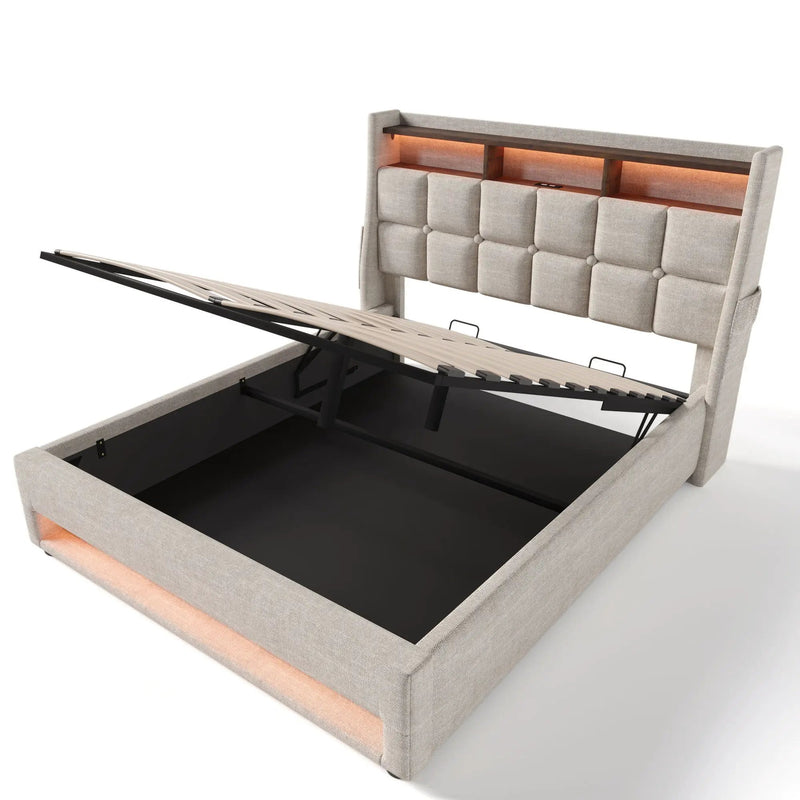 Upholstered Platform Bed With A Hydraulic Storage System, LED And USB Charging (Without Mattress) by HouseOfZazla